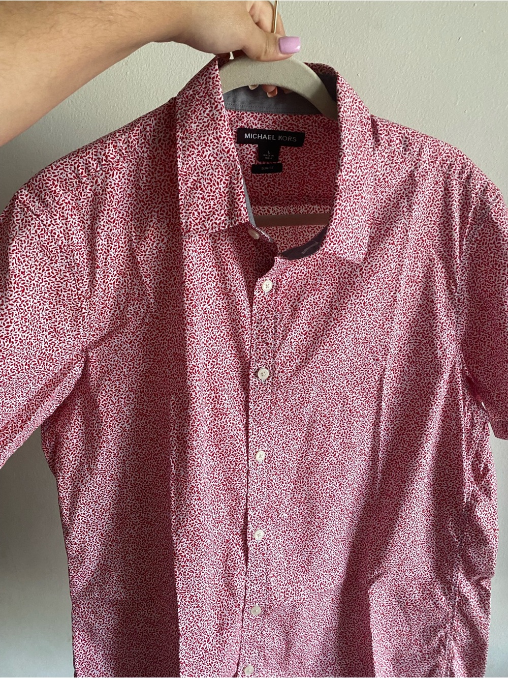 Michael Kors Men's Red Micro-Print Short Sleeve Button-Down Shirt